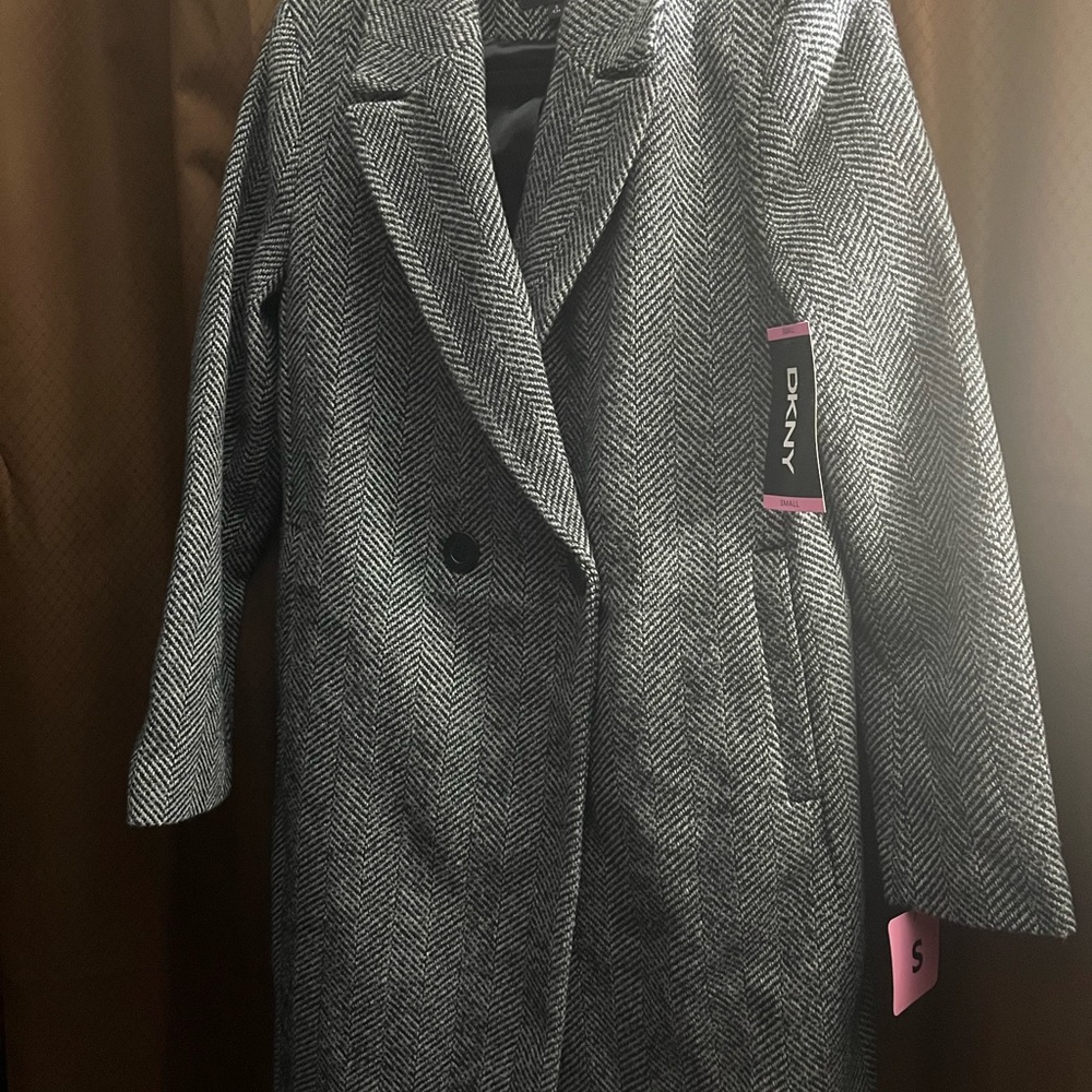 DKNY Women's Black and White Herringbone Trench Coat